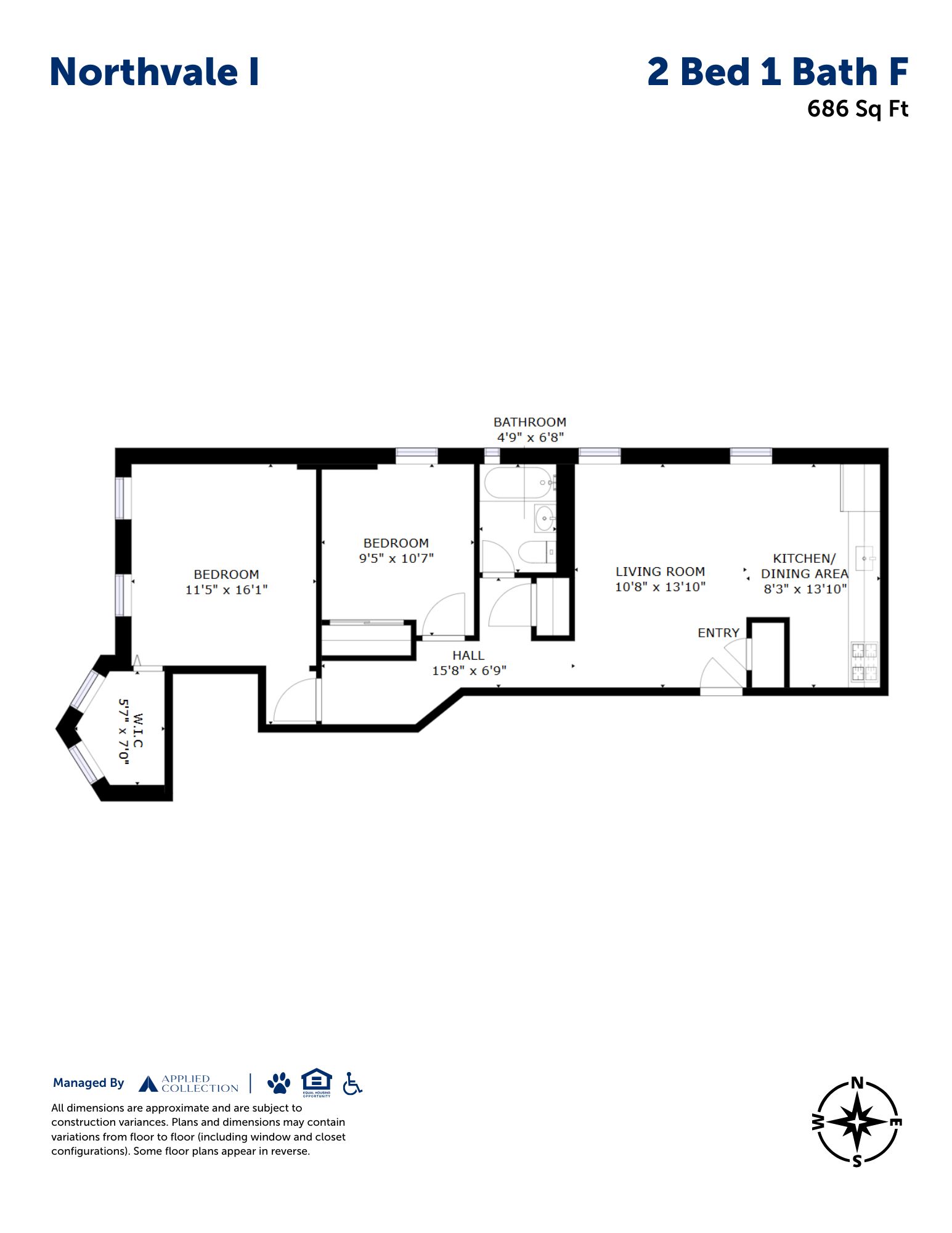 Floor plan for 2 beds, 1 bath, 686 sqft